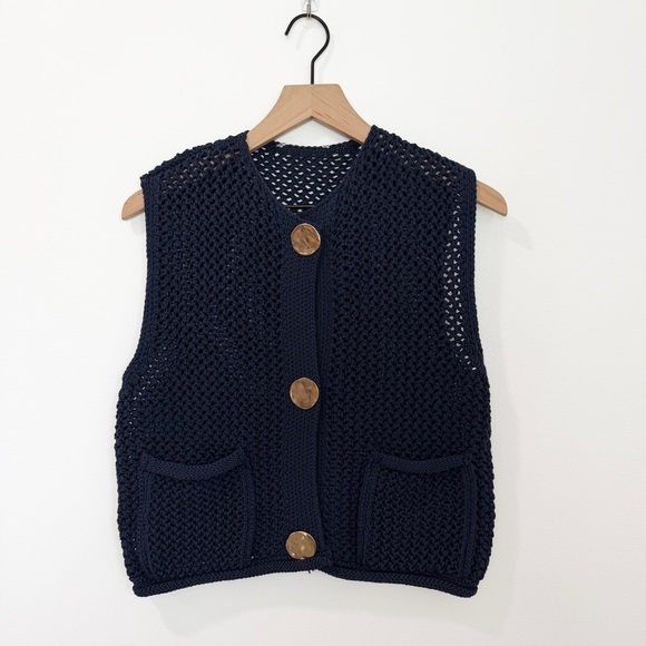 Zara Navy Blue Chunky Knit Button Front Sweater Vest Gold Buttons Size Small - Picture 4 of 8
